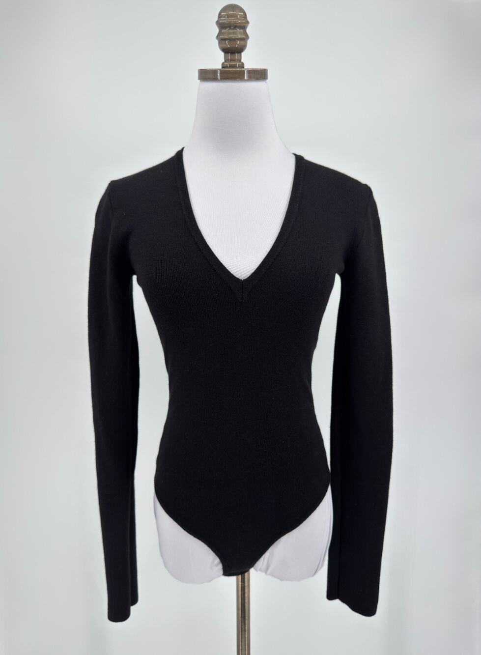 Khaite Black Wool Blend V Neck Fitted Long Sleeve Knit Bodysuit Sz S